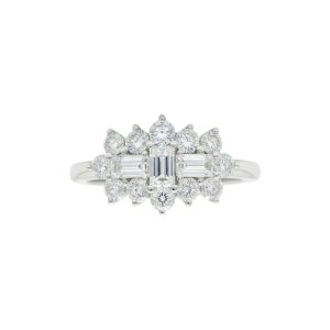 Platinum Round Brilliant And Baguette Diamond Cluster Ring